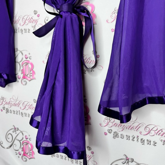 Avidlove robe kimono purple lace detail shiny trim detail mesh royal purple - Picture 9 of 13